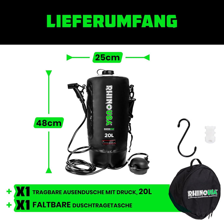 Rhino USA Tragbare Solar-Campingdusche mit 20 l Fassungsvermögen – unverzichtbar für Camping, Festiv
