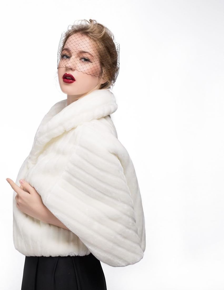 BEAUTELICATE Kunstpelz Bolero Schal Stola Pelz Cape Damen Braut Elfenbein Brautschal Brautjacke fur