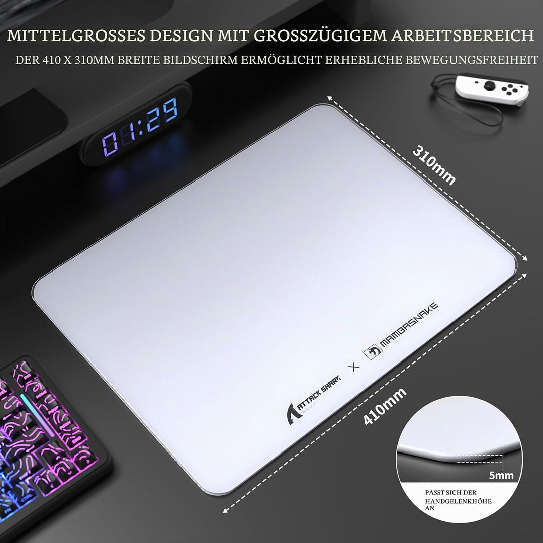 ATTACK SHARK CM05SE Gaming-Mauspad Aus Gehärtetem Glas, Ultraglatte Oberfläche, 9H Gehärtetes Glas,