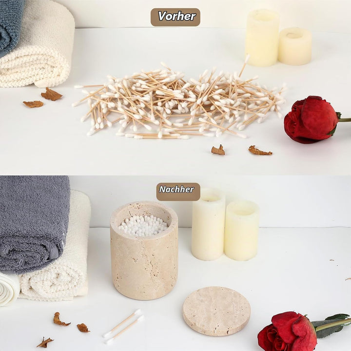 Travertin Rund Dose Modern Wattestäbchen Box Wattepadspender mit Deckel Make-up Tupferhalter für Bad