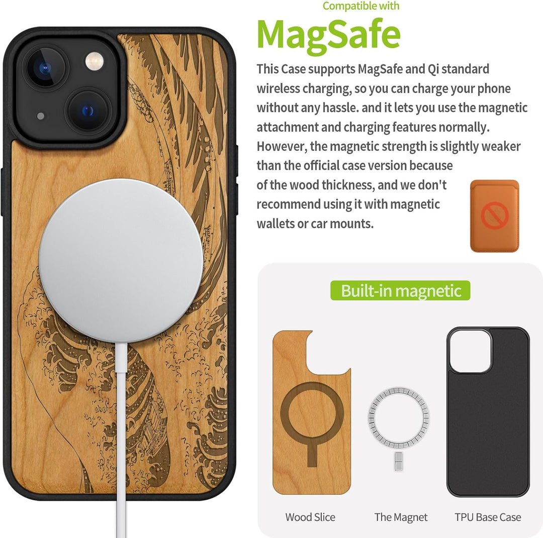 Carveit Handyhülle für iPhone 15 Cover Kompatibel mit Magsafe [Holz und TPU Silikon Hybrid hülle] Ma