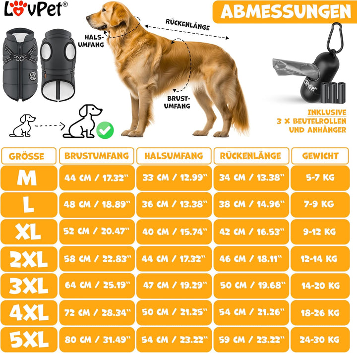 Hundejacke Hundemantel mit Geschirr, inkl. 45 Stück Kotbeutel + Spender, Hunde Winterweste gefüttert