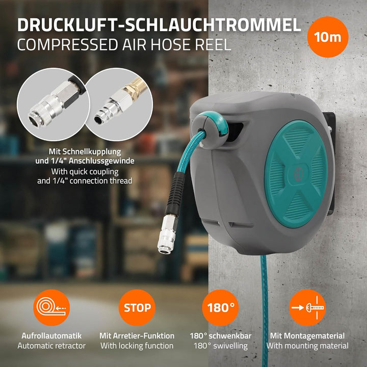 ECD Germany Druckluftschlauchtrommel 10m+1m, Automatischer Aufroller mit Arretierfunktion, 1/4" Ansc