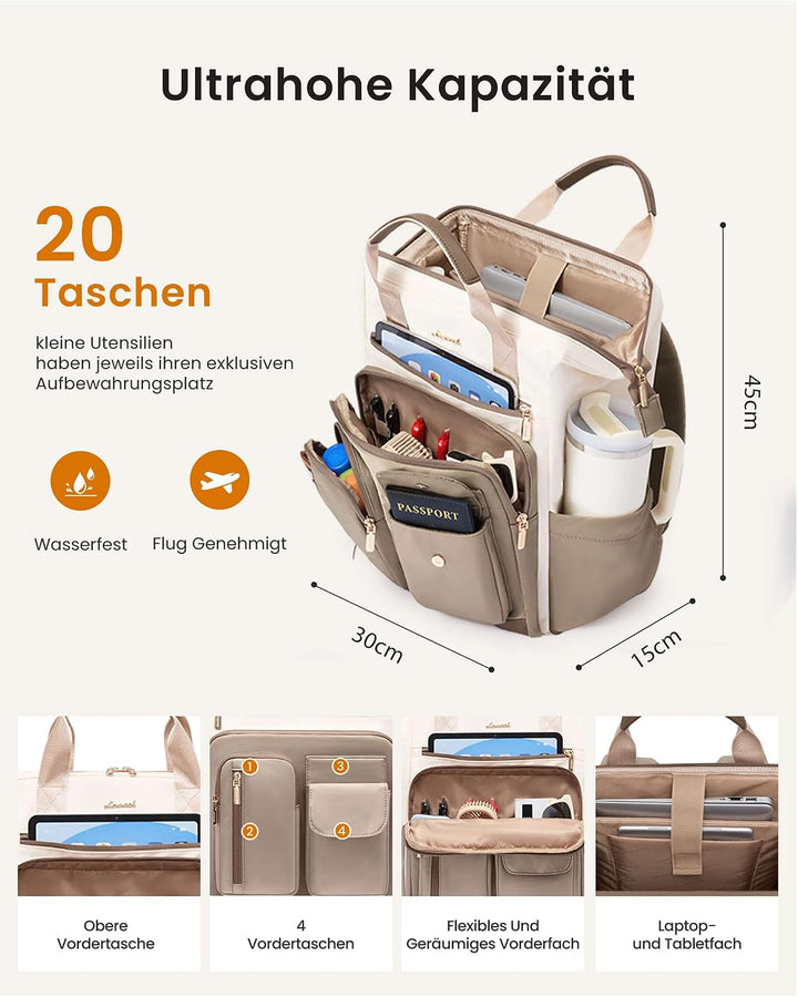 LOVEVOOK Rucksack Damen, 17,3 Zoll Laptop Schulrucksack Wasserdicht Mit 20 Taschen und Grossem Fach