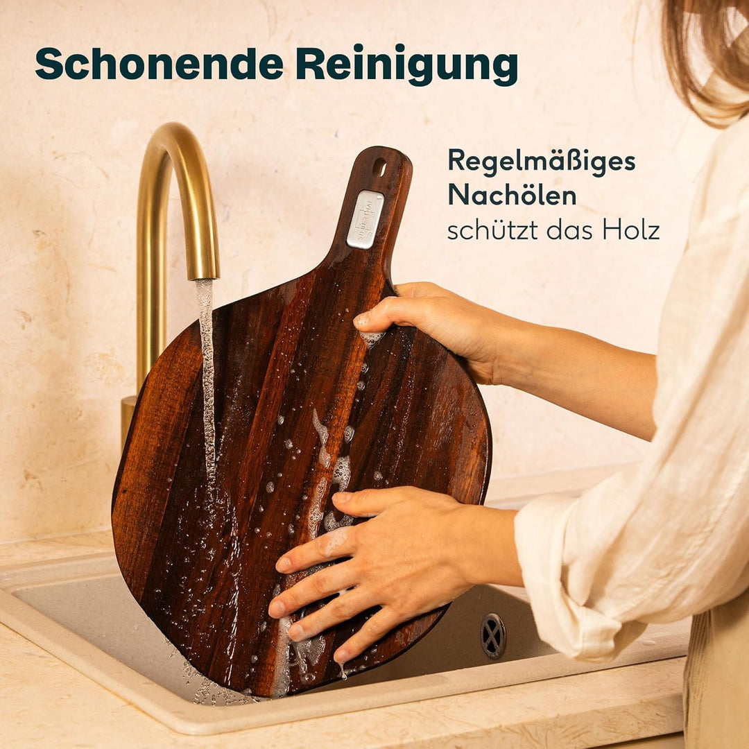 SILBERTHAL Pizzabrett 30 cm 2er Set Akazienholz - 6-Eck-Design - Servierbrett mit ergonomischer Grif
