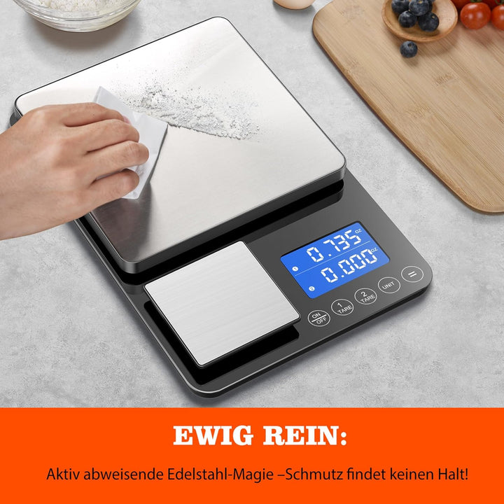 Digitale küchenwaagen mit Dual Plattform–Präzise 500g/0,01g&15kg/1g Messung, Tara-und Summierfunktio