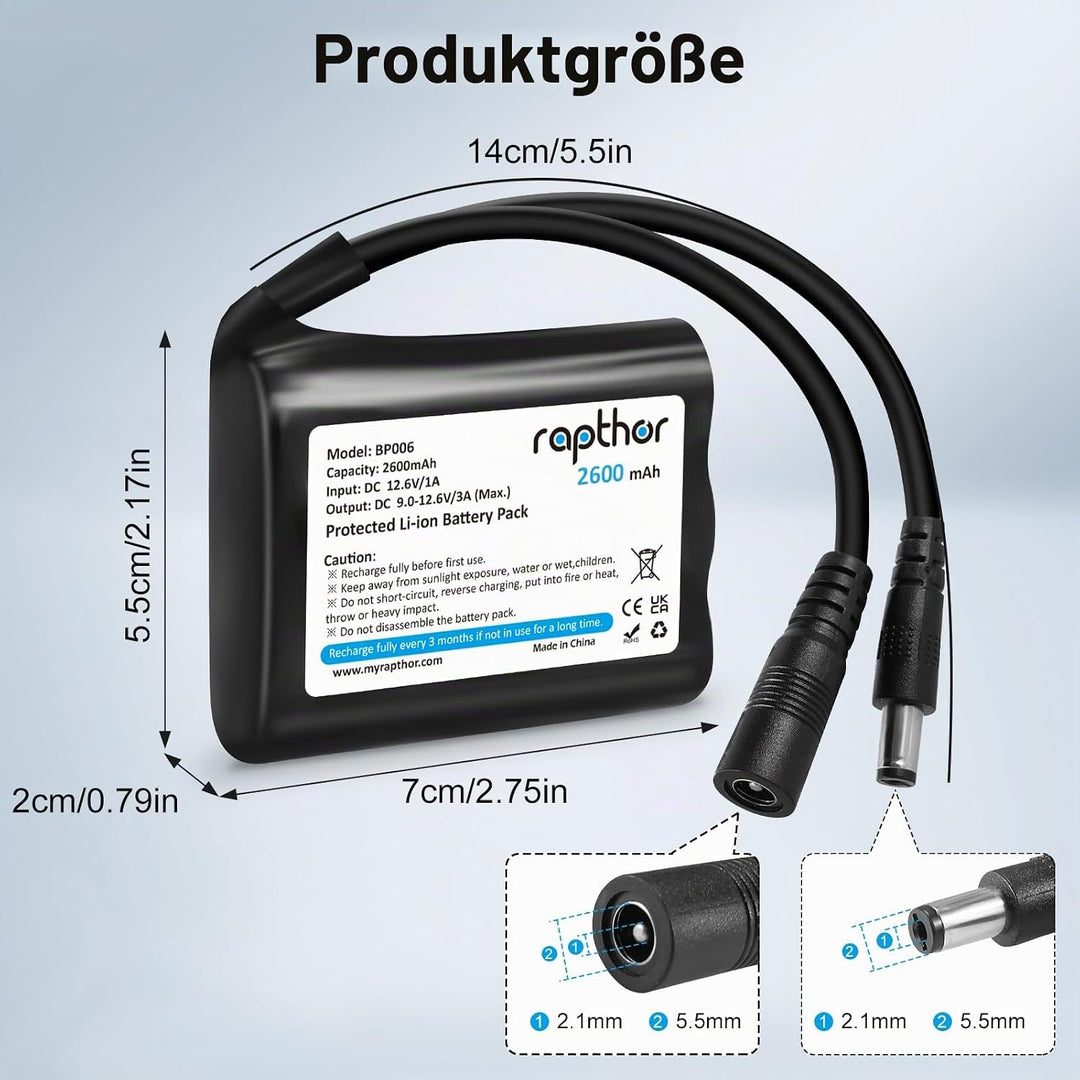 Rapthor Wiederaufladbarer 12V 2600mAh Lithium-Ionen-Akku mit Ladegerät, kompatibel mit 12V-Geräten,