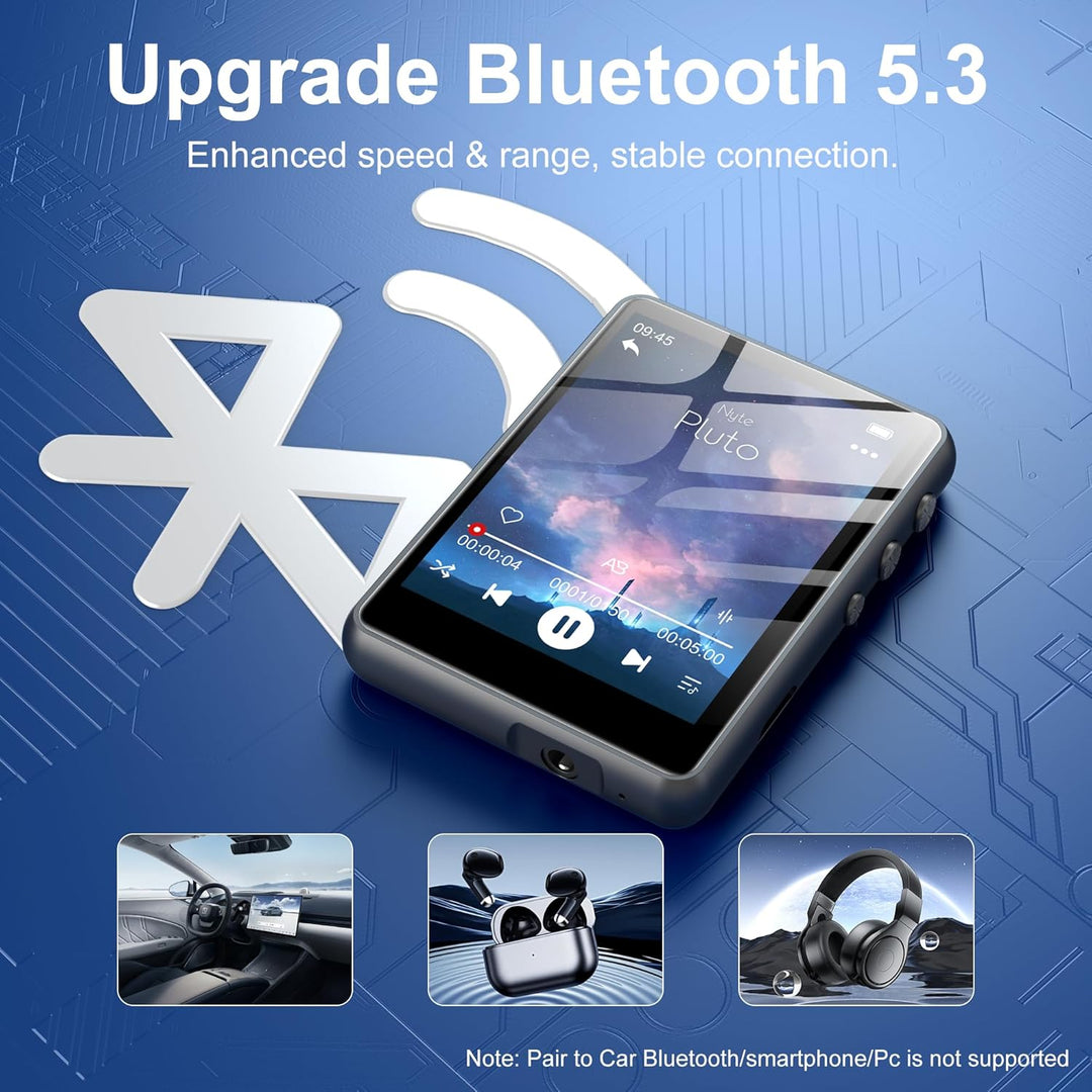 SWOFY 128GB MP3-Player, Bluetooth 5.3, 2,4-Zoll Touchscreen, HiFi-Klang, eingebauter Lautsprecher, A