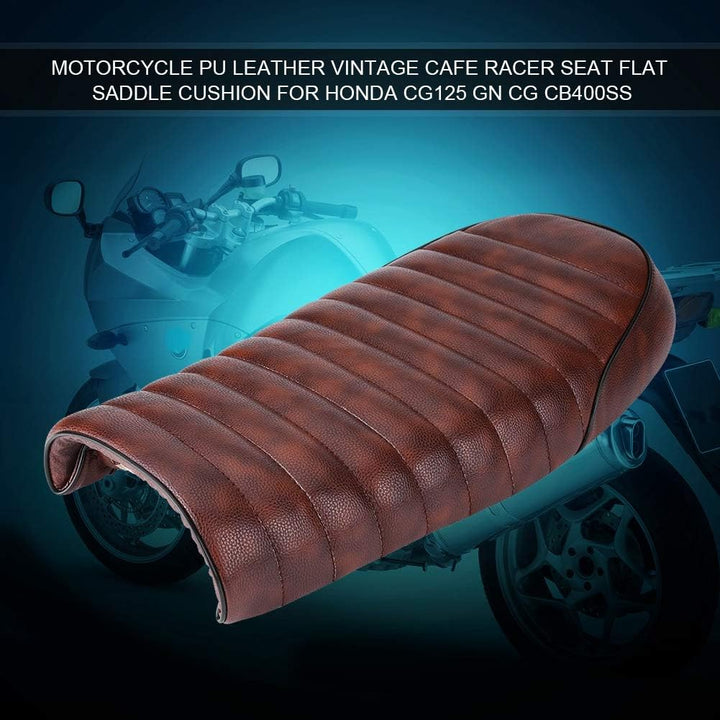 Hlyjoon Motorrad Sitz PU Leder Vintage Cafe Racer Sitz Motorrad Flach Sattelkissen mit Montagehalter