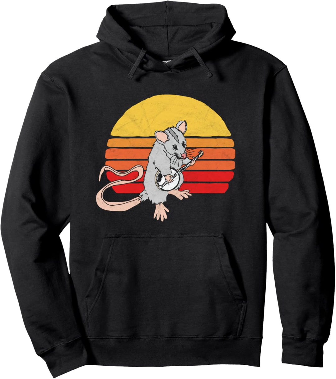 Banjo Picking Possum Vintage Bluegrass Funny 80s Sunset Pullover Hoodie