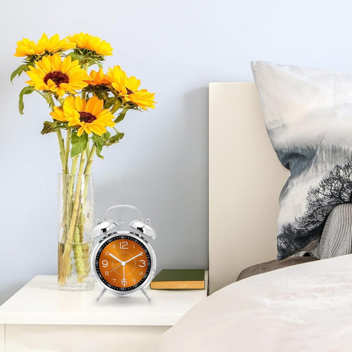 Lafocuse Doppelglockenwecker 16cm Analog Ohne Ticken, Metall Orange Wecker mit Grosses Zifferblatt,