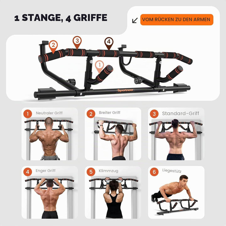 Sportneer Klimmzugstange Türrahmen Pull Up Bar mit vielfältigen Griffmöglichkeiten, Universal anwend