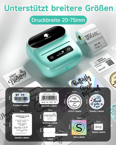Phomemo M220 Etikettendrucker, Bluetooth Barcode Etikettendrucker Grösse 20-75mm, Unterstützung mit