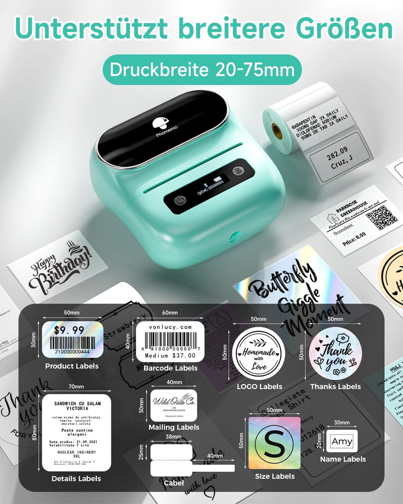 Phomemo M220 Etikettendrucker, Bluetooth Barcode Etikettendrucker Grösse 20-75mm, Unterstützung mit