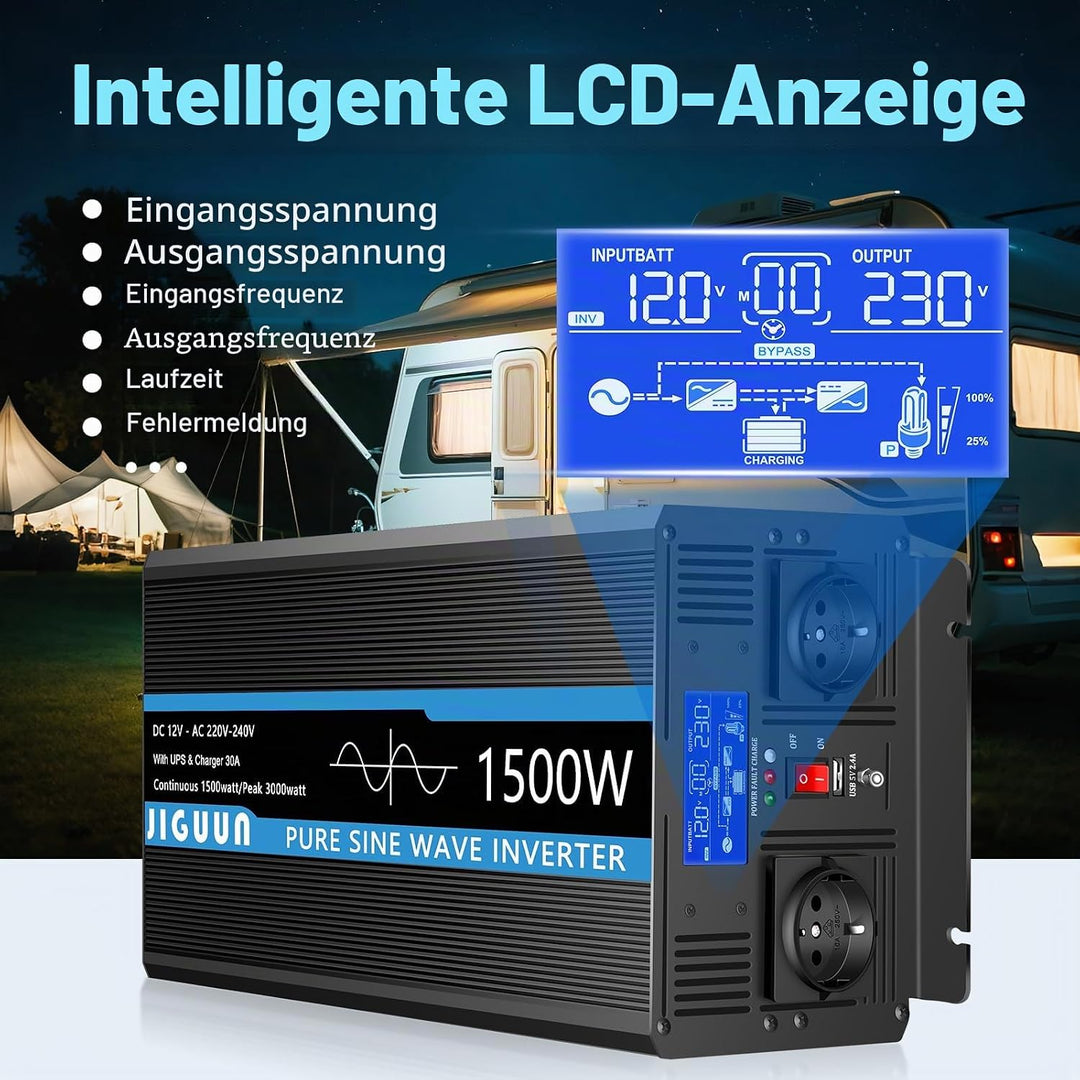 JIGUUN 1500W 3000W Wechselrichter Reiner Sinus Spannungswandler 12V 230V Mit 30A-Ladegerät und Netzv