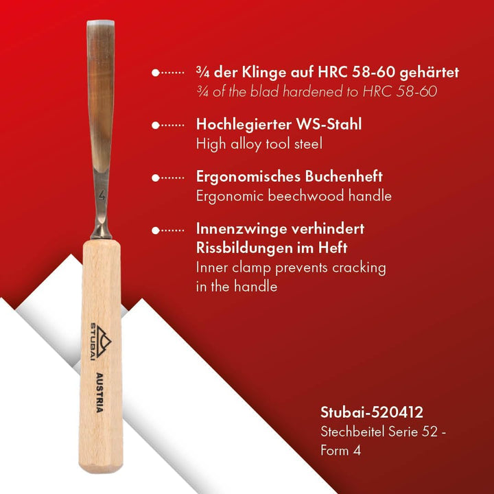 STUBAI Stemmeisen Stechbeitel Serie 52 - Form 4 | Gerades Flacheisen - 12 mm, mit Holzgriff, zum Vor