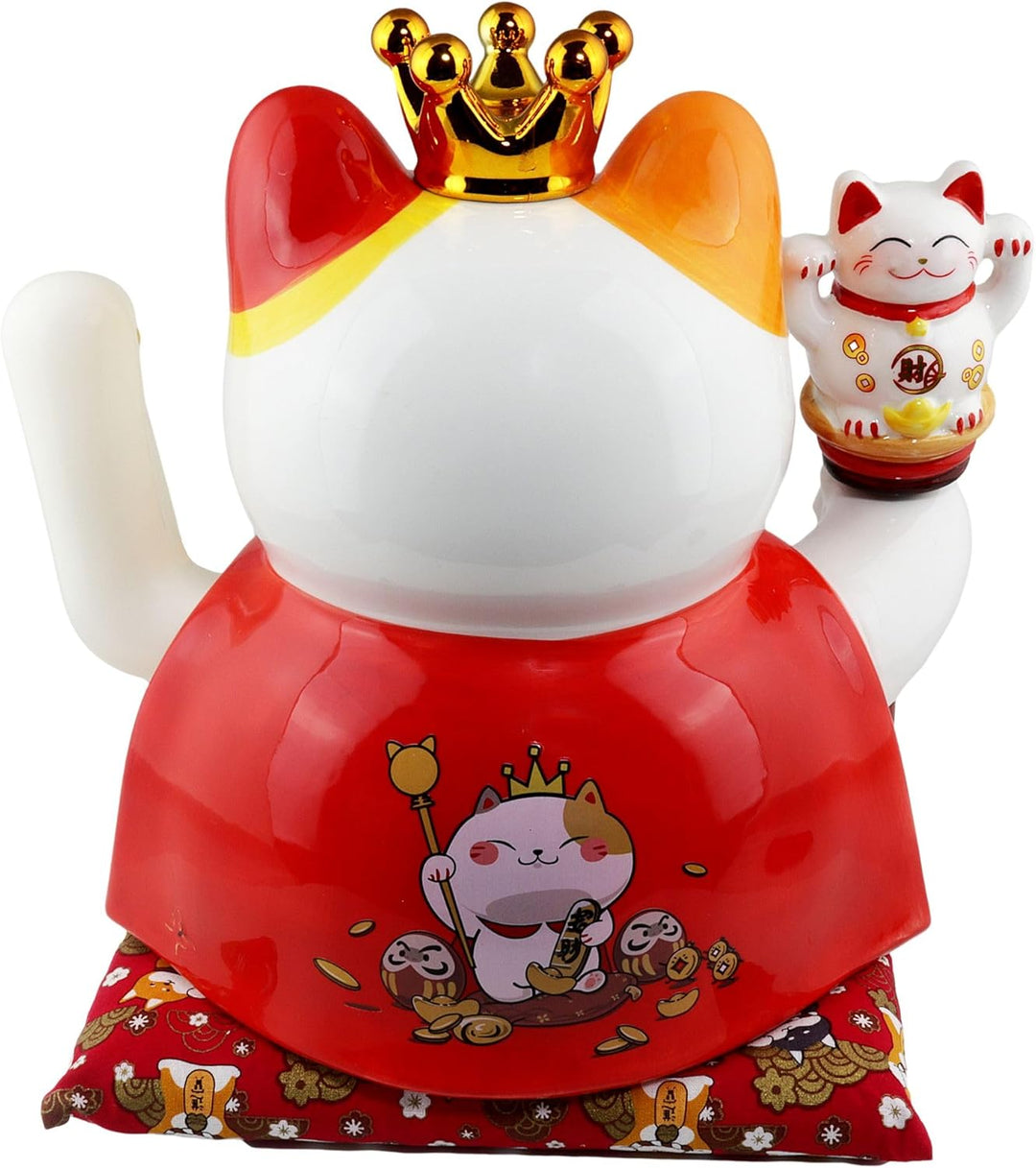 Freak Scene Glückskatze Maneki-Neko Winkekatze Krone Porzellan 26cm weiss winkende Katze Lucky cat