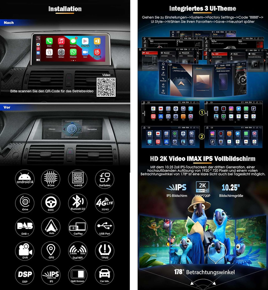 Erisin 10.25" Android 14 8-Kern 4GB RAM+64GB ROM Autoradio GPS Navi für BMW X5 E70 X6 E71 CIC System