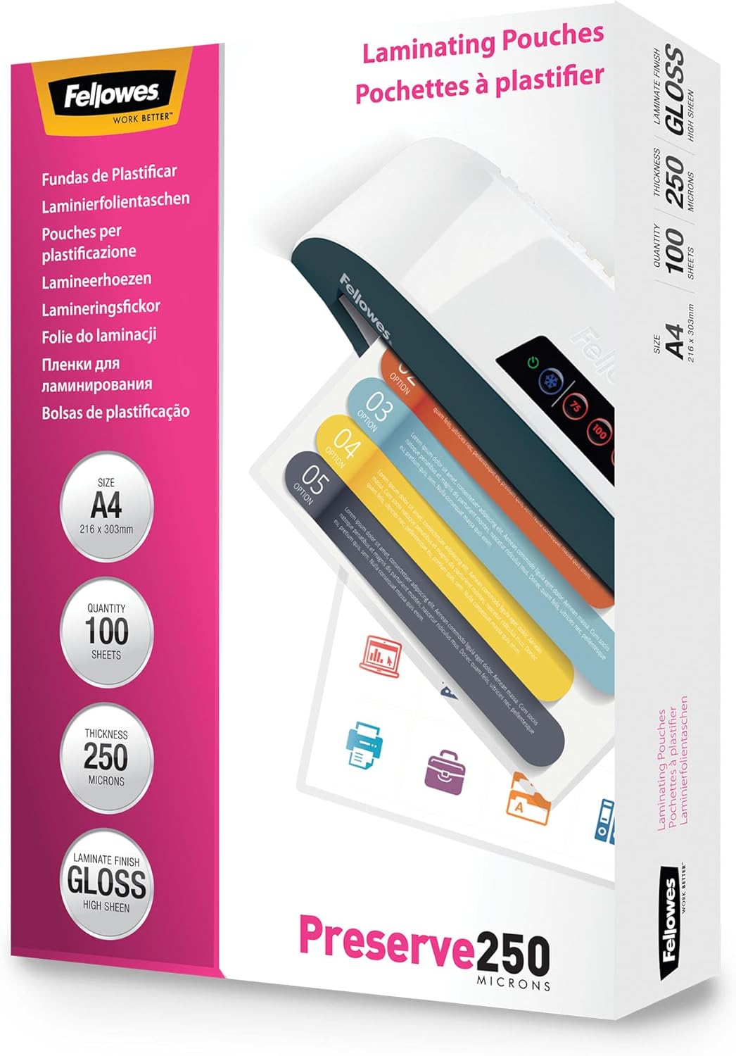 Fellowes Laminierfolien A4, 250 Mikron (2 x 250 mic), Heisslaminierfolien mit glänzendem Finish, seh