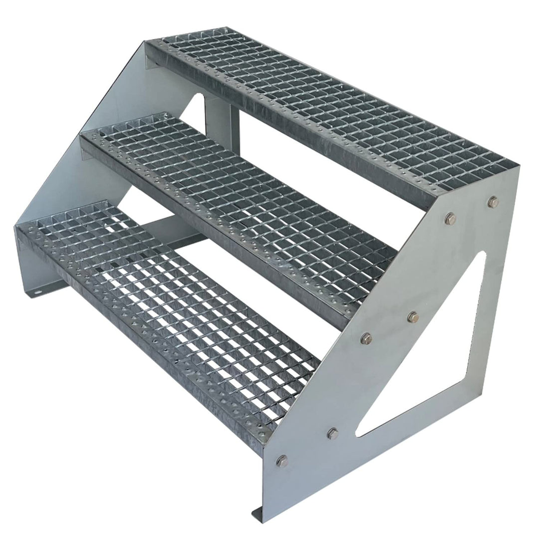 Premium Stahl Treppe Freistehend Verzinkt 3 Stufen (Breite 60 cm) (Höhe 57 cm) Wetterfest Gitterrost