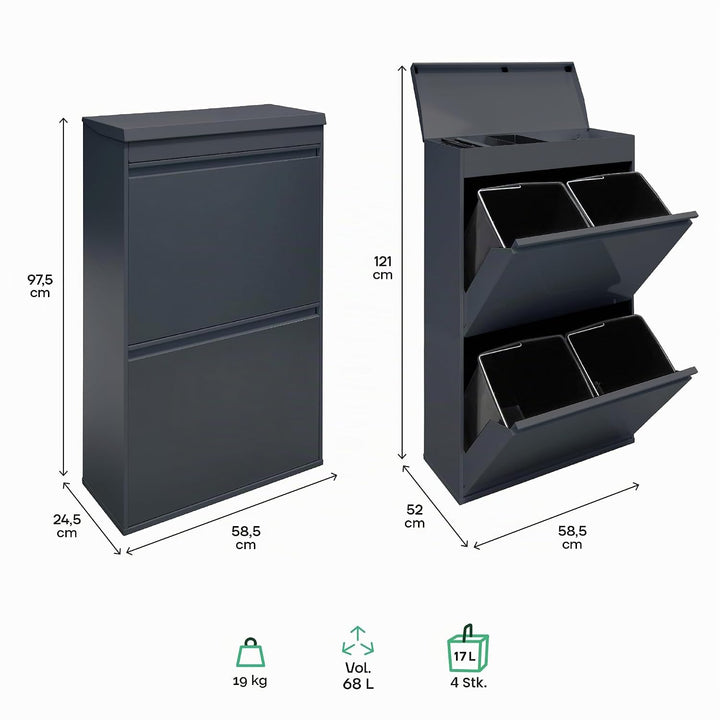 Arregui Top CR624-B Recycling Abfalleimer / Mülleimer aus Stahl mit Aufbewahrungsbox mit Deckel, Mül