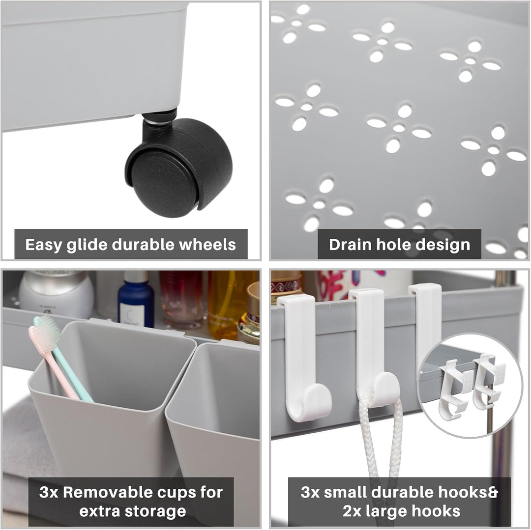 DOEWORKS Servierwagen mit Rollen Küchenwagen Schmal Rollwagen 3 Ebenen Aufbewahrungswagen mit 3 Häng