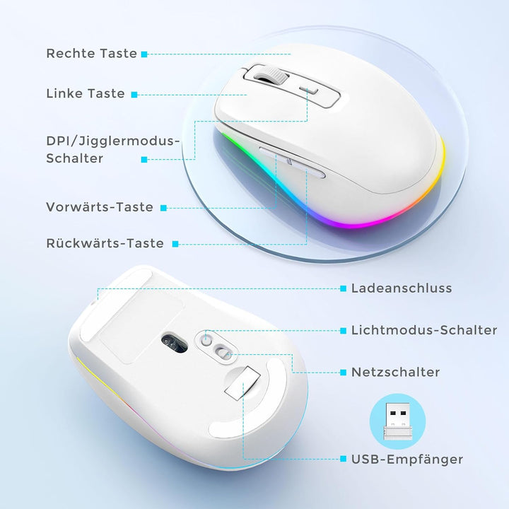 seenda Kabellose Maus LED, Wiederaufladbar Maus Kabellos mit Maus Jiggler, Leise 2.4G USB Funkmaus f