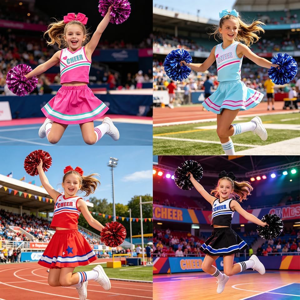 ReliBeauty Cheerleader Kostüm Kinder Kleid mit Pompoms und Kopfschmuck Rot (Neu) 110 (Etikett 110),