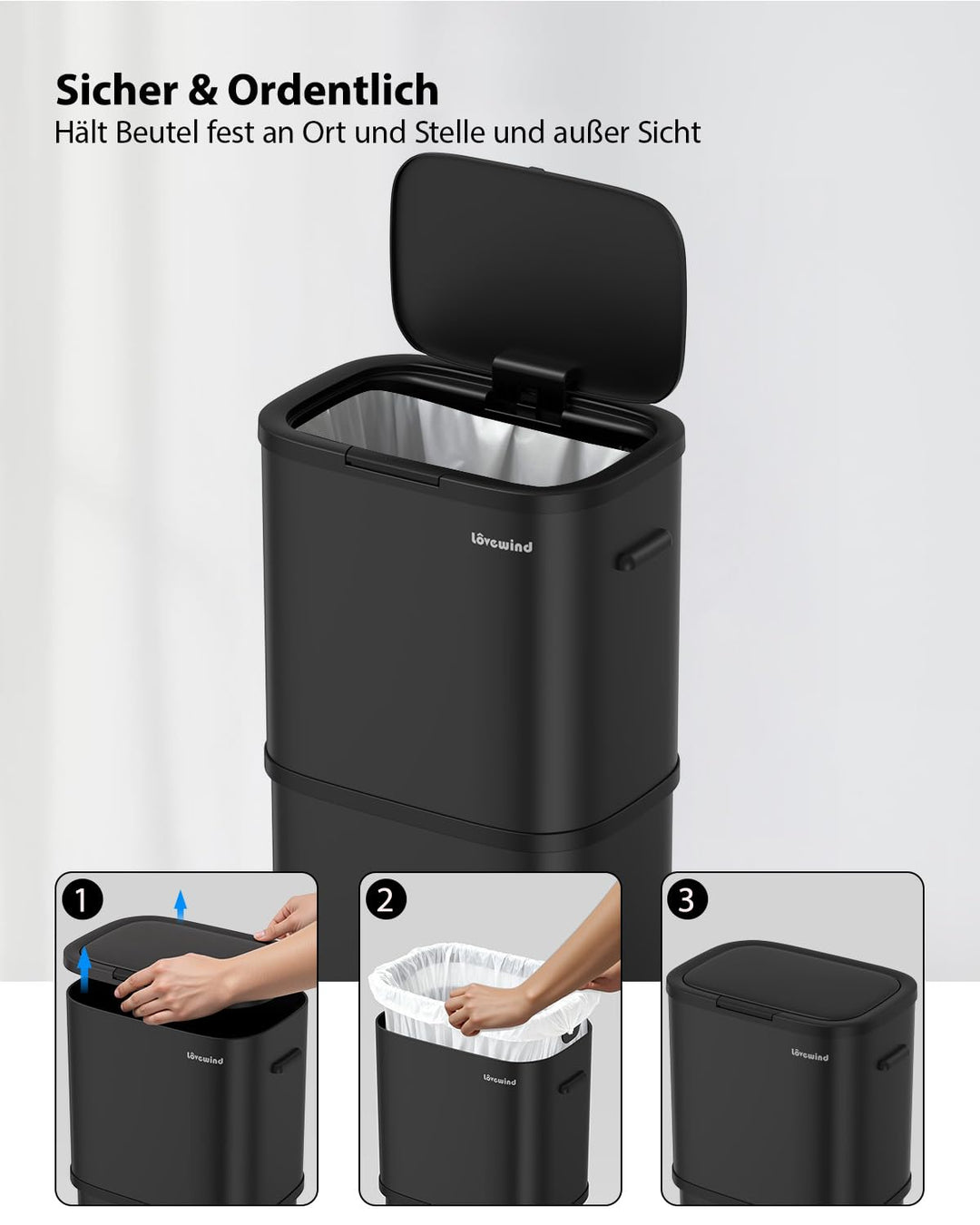 lovewind Mülleimer Küche 60L Edelstahl, Abfalleimer küche mit Deckel, Soft-Close Verschluss, Werkzeu