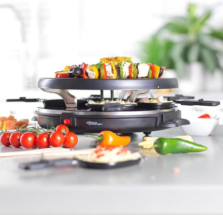 Giles & Posner Tisch-Raclette-Grill – 800W Elektrogrill mit 6 antihaftbeschichteten Pfännchen, 6 Hol
