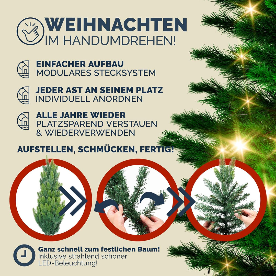CASARIA® Weihnachtsbaum künstlich 150cm mit Lichterkette 100 LED warm weiss inkl. Metallständer 360