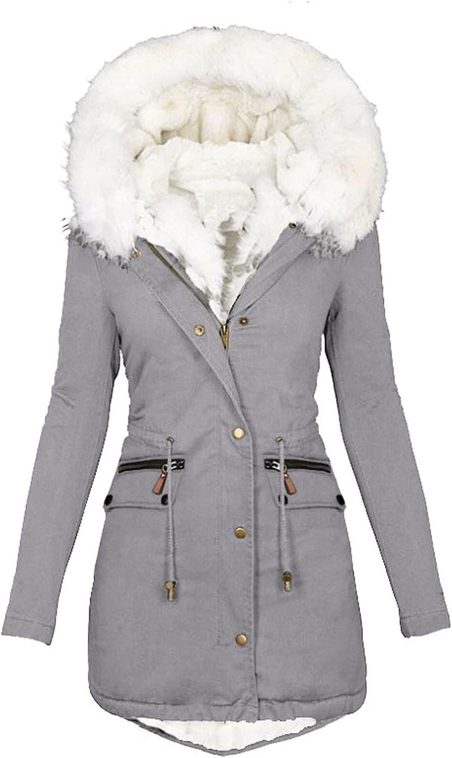 EMATOP Wintermantel Damen Warmer Lang Jacke Baumwolle Einfarbig Wanderjacke mit Kapuze Wintermantel