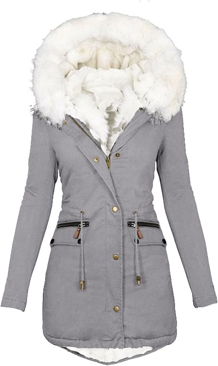 EMATOP Wintermantel Damen Warmer Lang Jacke Baumwolle Einfarbig Wanderjacke mit Kapuze Wintermantel
