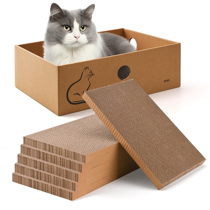 AUSCAT Kratzbrett Katze mit Box, 6 STK. Doppelseitige Kratzpappe für Katzen, Wellpappe Kratzbrett fü