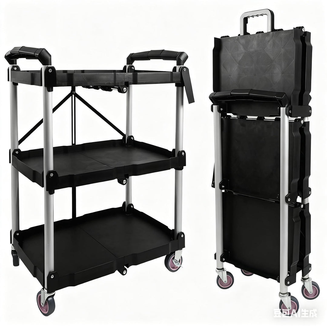 Servierwagen mit Rollen, Klappbar, 62 x 40 x 84cm, Bis zu 75 kg Belastbar, Dreistufiges Faltregal mi