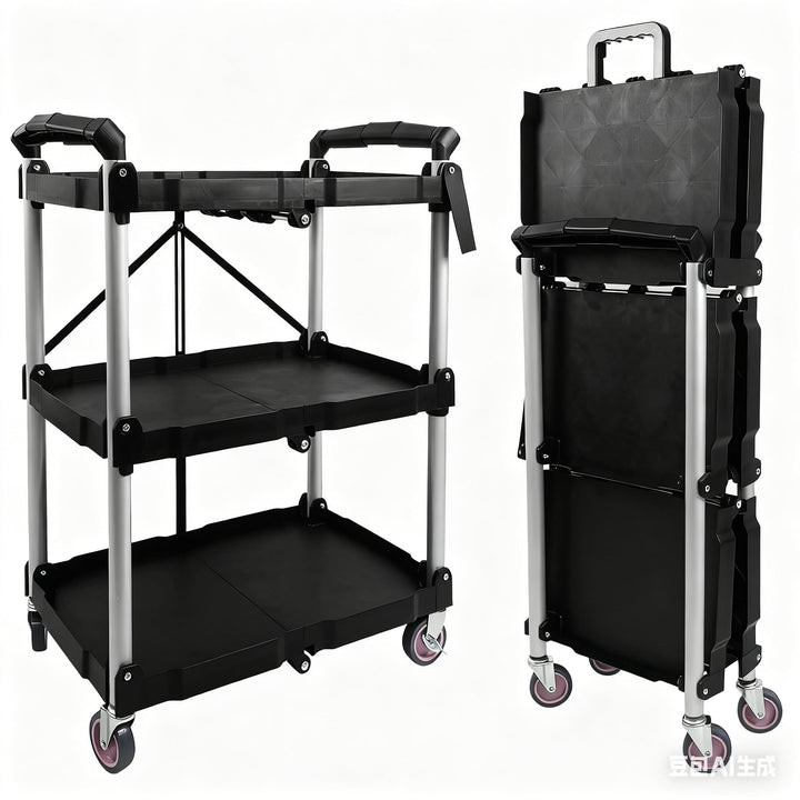 Servierwagen mit Rollen, Klappbar, 62 x 40 x 84cm, Bis zu 75 kg Belastbar, Dreistufiges Faltregal mi