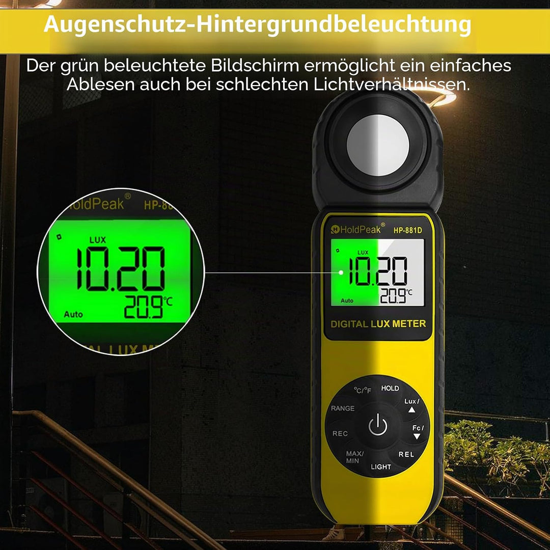 HoldPeak 881D Digitales Lichtmessgerät, Reichweite bis zu 0.01–400.000 Lux (1–40.000 FC), Datenspeic