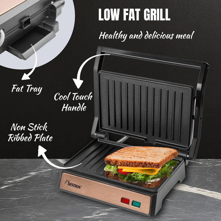 Bestron elektrischer Kontaktgrill mit Auffangschale, Sandwichmaker mit Cool-Touch-Handgriff & 180° Ö