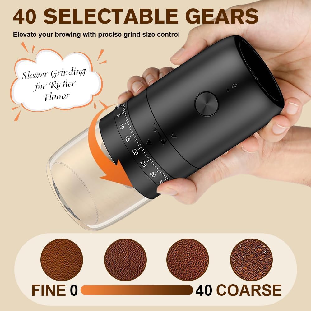 Elektrische Kaffeemühle, Tragbare Kaffeemühle mit 40 Mahleinstellungen, USB Wiederaufladbare Elektri