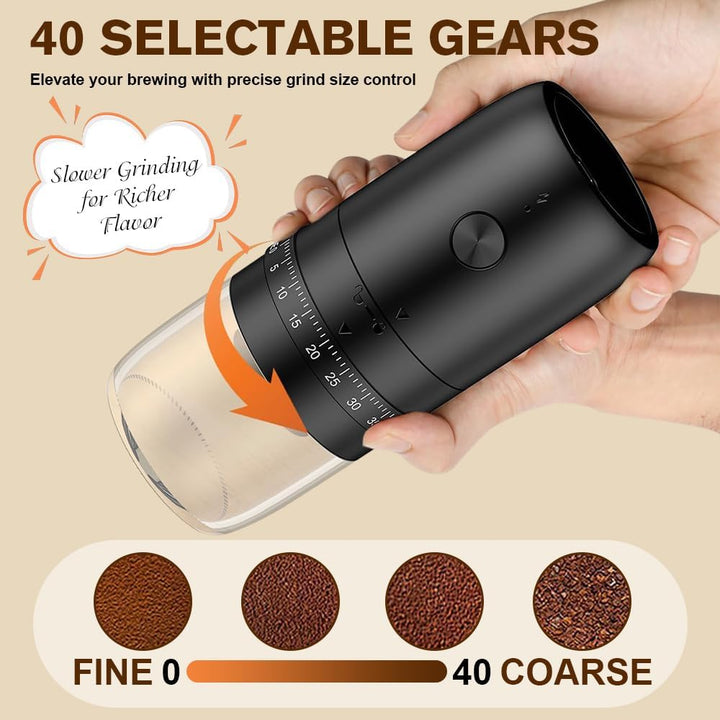 Elektrische Kaffeemühle, Tragbare Kaffeemühle mit 40 Mahleinstellungen, USB Wiederaufladbare Elektri