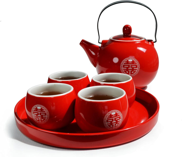 Fiesta Chinesisches Tee-Geschenk-Set, 1 Teekanne, 4 Tassen, Porzellan-Tablett für Zeremonie, Hochzei
