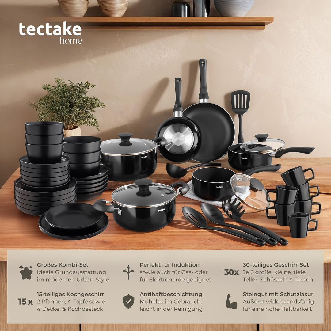tectake® Küchenstarterset 6 Personen, Steingut Geschirr Set, Teller, 4 Töpfe 2 Pfannen rostfreies Al