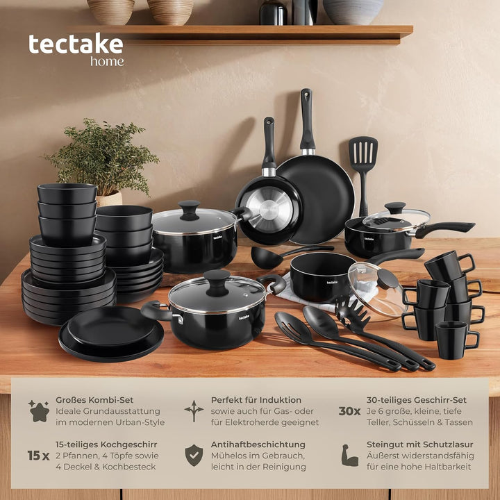 tectake® Küchenstarterset 6 Personen, Steingut Geschirr Set, Teller, 4 Töpfe 2 Pfannen rostfreies Al