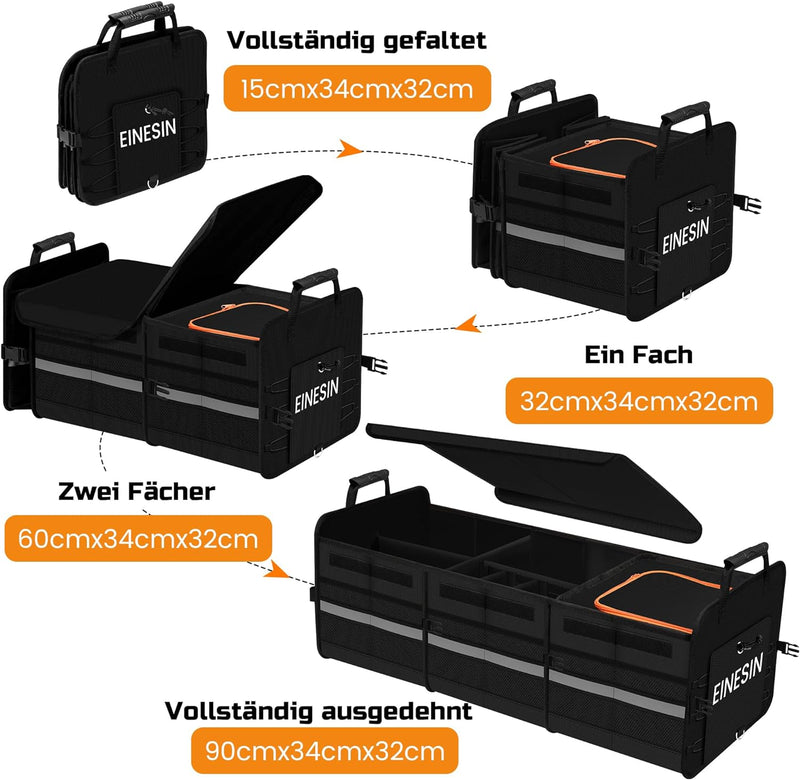 Einesin Extra Grosser 98L Kofferraum Organizer und 22L Kühltasche, mit 7 Fächern, auto aufbewahrungs