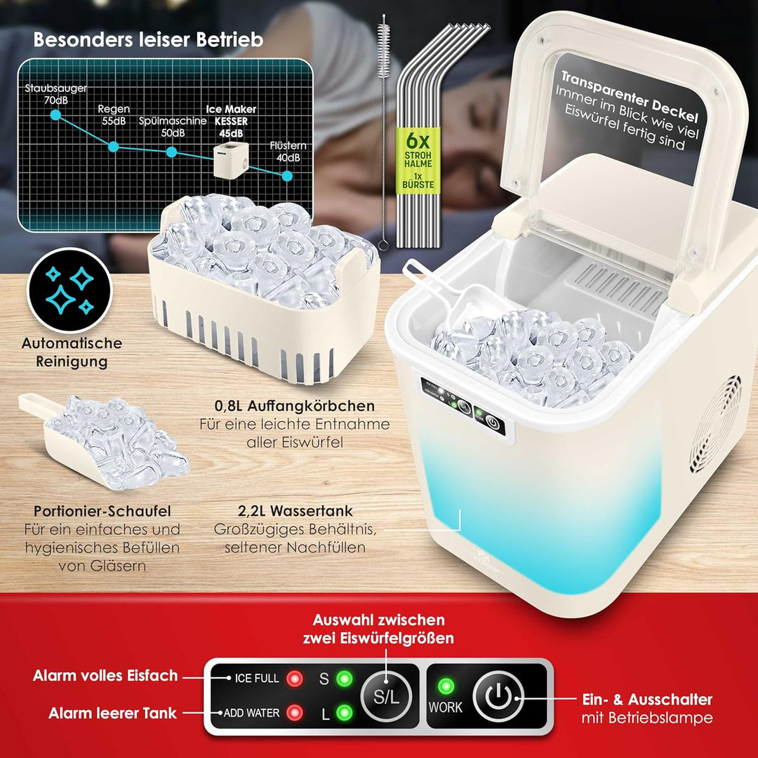 KESSER® Eiswürfelbereiter | Eiswürfelmaschine Edelstahl | Ice Maker | 12 in 24h | Zubereitung in 7 m
