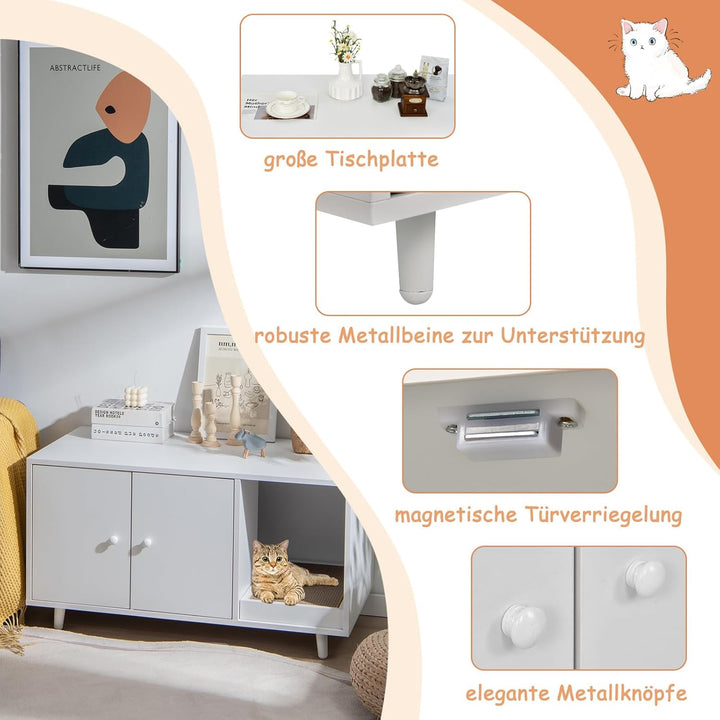 COSTWAY Katzenschrank für Katzentoilette, 2 in 1 Beistelltisch Katzenhaus, Katzenklo Schrank mit Kra