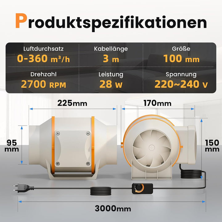 Rohrventilator 100 mm, Leise und Regelbar, Leistungsstark und Sparsam, Luftstrom 360 m³/h, Drehzahlr