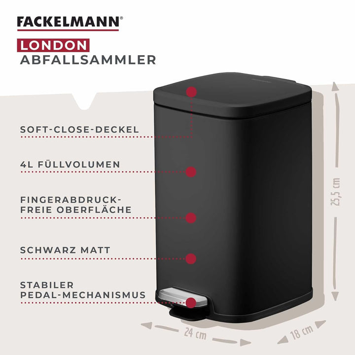 Fackelmann LONDON Pedal-Abfallsammler 4L – Stilvolles Design in Schwarz matt, Mit gedämpftem Deckel