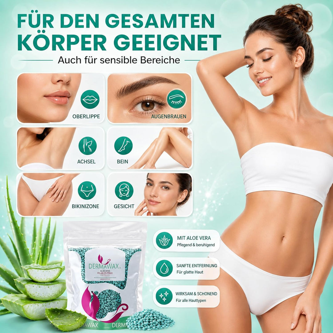 Dermawax 1 kg Aloe Vera Wachs Heisswachs Waxing Perlen Wachsperlen Anwendung ohne Wachsstreifen zur