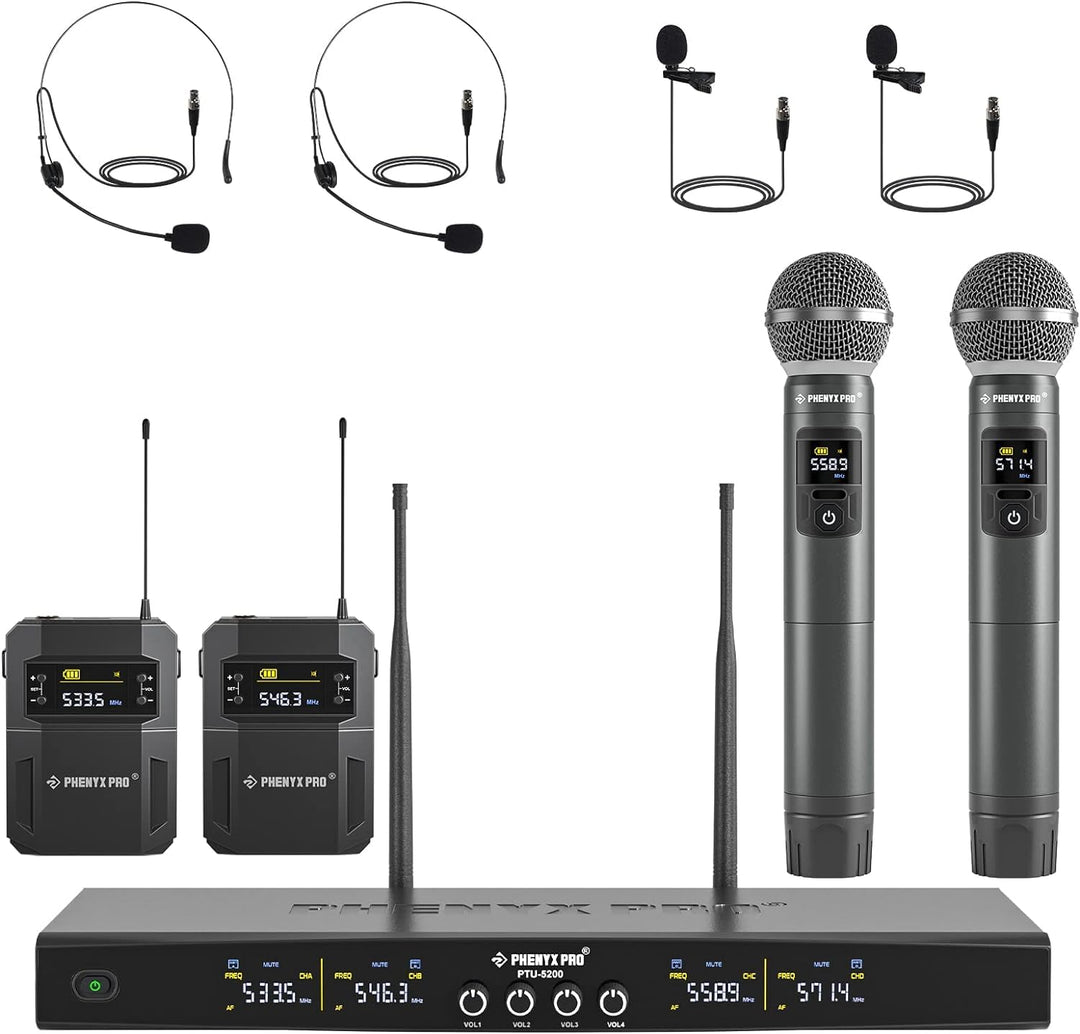 Phenyx Pro Drahtloses Mikrofonsystem, 4-Kanal-Drahtlosmikrofon-Set mit Hand-/Taschen-/Kopfbügel-/Ans